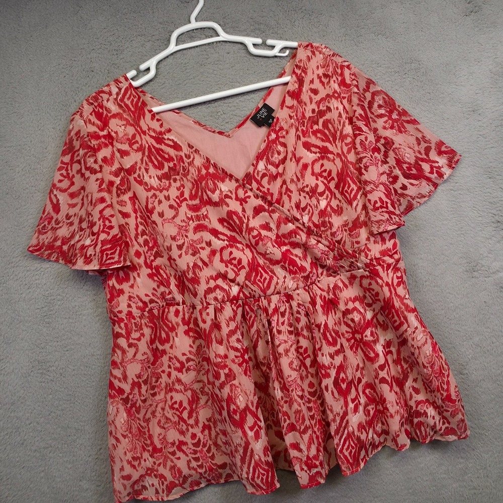 June + Vie Top Women Plus Size 2X Pink Flutter Sleeve Ikat Boho Flowy Boxy Lined
